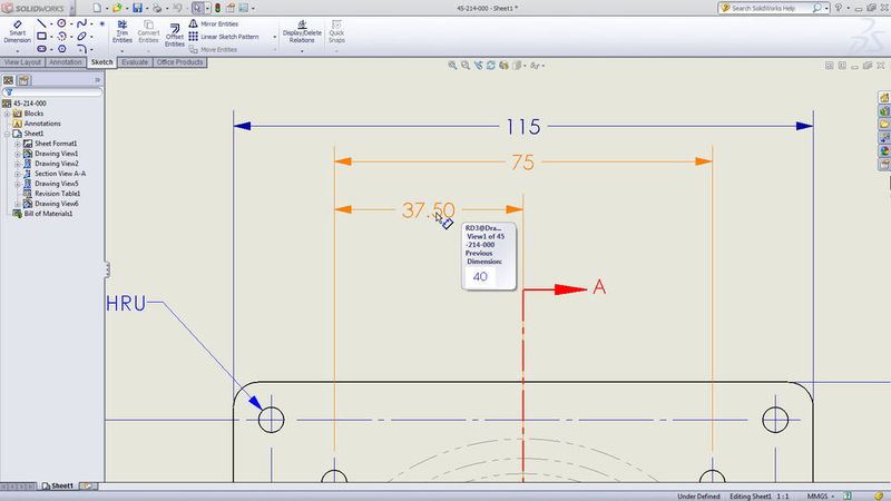 Erleichtert Revisionen: Geänderte Bemaßungen sind in Orange hervorgehoben. Der vorherige Wert wird angezeigt, sobald der Cursor auf die geänderte Bemaßung zeigt  (Bild: Solidworks)