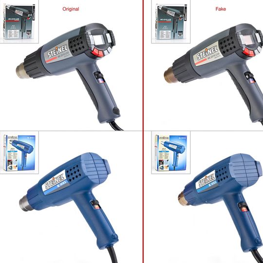 Plagiarius 2015  -  1. Preis Heißluftgebläse „HL 1610 S“ und „HG 2310 LCD“ Links Originale:	STEINEL Vertrieb GmbH, Herzebrock-Clarholz, Deutschland Rechts Fälschungen:	Vertrieb: Shenzhen Jin Xiong of internal and external electronic tools Co., Ltd., Shenzhen, VR China (Bild:  Aktion Plagiarius e.V.)