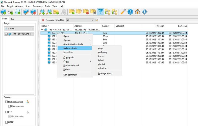 LizardSystems Network Scanner verfügt über Netzwerktools, mit denen sich die gefundenen Geräte genauer untersuchen lassen. (Bild: Joos - LizardSystems)