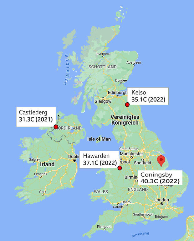 Die bislang höchsten Temperaturen wurden in Großbritannien 2022 mit 40,3 Grad Celsius im Ort Coningsby, Lincolnshire, gemessen. Im Londoner St. James’s Park und in London Heathrow waren es 40,2 Grad, in Gringley on the Hill, Nottinghamshire, sowie in Kew Gardens, London, 40,1 Grad. Und in Notholt, West-London, kletterte das Termometer auf 40 Grad. 