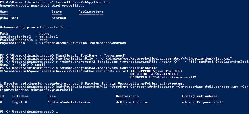 Abbildung 1: Die Einrichtung von PowerShell Web Access erfolgt in der PowerShell. Die notwendigen Befehle dazu zeigt Microsoft in der TechNet. Erst muss das Feature installiert, dann das Gateway eingerichtet werden. Danach berechtigen Administratoren Benutzer für den Zugriff. (Joos)