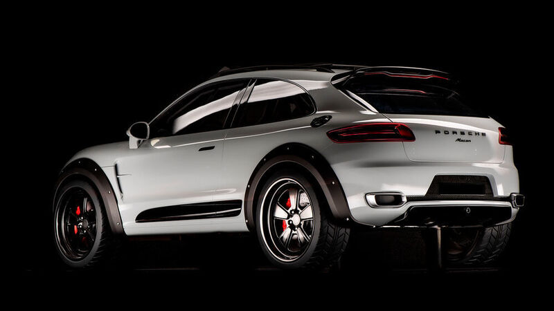 Der Macan Vision Safari steht leicht erhöht auf grobstolligen Rädern und gibt sich mit einer Schutzbeplankung betont robust. (Porsche)
