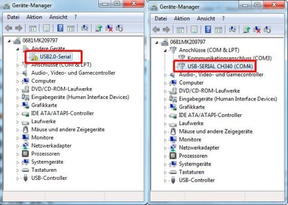 Conrad Adventskalender Internet of Things: Das NanoEMS-Board lässt sich erst ansprechen, wenn der Treiber für den USB-to-Serial-Wandler CH340G installiert ist (rechte Bildseite).  (Margit Kuther)