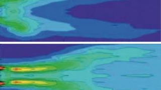 Bild 1: Luftverteilung ohne Strömungsgleichrichter (oben); optimale Luftverteilung mit Strömungsgleichrichter (unten) (Bild: ebm-papst)