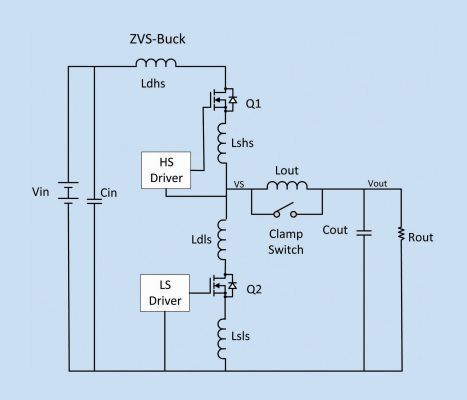 Bild 4: Der ZVS-Buck-Regler unterscheidet sich vom konventionellen Buck-Regler nur durch den Klemmschalter über der Ausgangsdrossel. (Vicor)