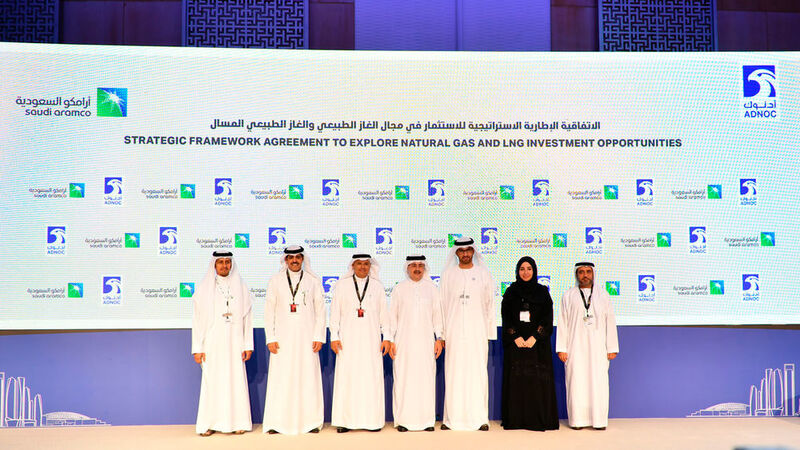 Representatives from Saudi Aramco and Adnoc at the official signing ceremony of the framework agreement.  (Saudi Arabian Oil Co.)