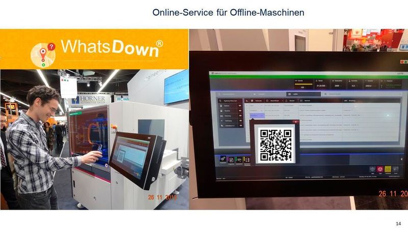 Über einen zuvor angebrachtne QR-Code kann der Nutzer über die App „Whats Down“ von Makrolog Informationen zu dem Gerät abrufen. Sobald ein Gerät in der App als Objekt angelegt wurde, können über den QR-Code zugeordnete Dokumente aufgerufen oder Störungen mit Nachricht und angehängten Fotos gemeldet werden, die dem Gerät eindeutig zugeordnet sind. Der Anwender selbst, der den konfigurierten QR-Code nutzen möchte, muss dazu keine App installieren. Nur zum Konfigurieren und Verwalten der QR-Codes wird die App benötigt.  (Makrolog)
