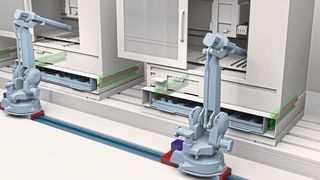 Beim Konzept der siebten Achse verfährt der komplette Roboter auf einer Linearachse und kann so Aufgaben an mehreren Orten übernehmen. (Rollon)