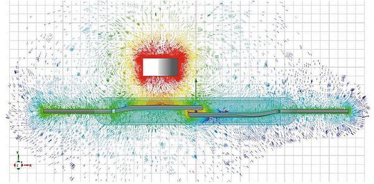 Bild 1:  Simuliertes Verhalten eines Reed-Schalters. Man erkennt gut die Konzentration der magnetischen Flussdichte zwischen den Spitzen der beiden Kontaktzungen. (Bild:  Texas Instruments)