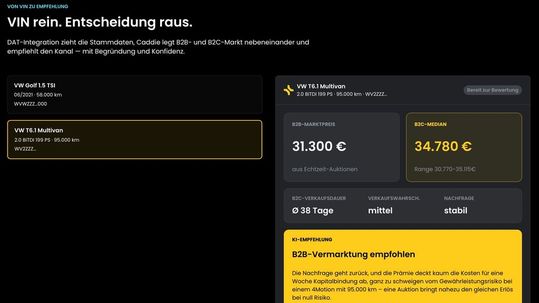 Caddie AI von Caronsale gibt nach Eingabe der FIN einen Überblick über erzielbare Preise und die größten Vermarktungschancen.(Bild:  Caronsale)