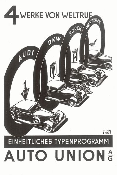 Das Firmenzeichen mit den verschlungenen Ringen symbolisierte den Zusammenschluss der vier Marken Audi, DKW, Horch und Wanderer, die jedoch eigenständig blieben. Nur die zwischen 1934 und 1939 bei Horch in Zwickau entwickelten Grand-Prix-Rennwagen trugen den Namen „Auto Union“. Ein Pkw-Modell dieser Marke gab es erst ab 1958 (Auto Union 1000).  (Bild: Audi)