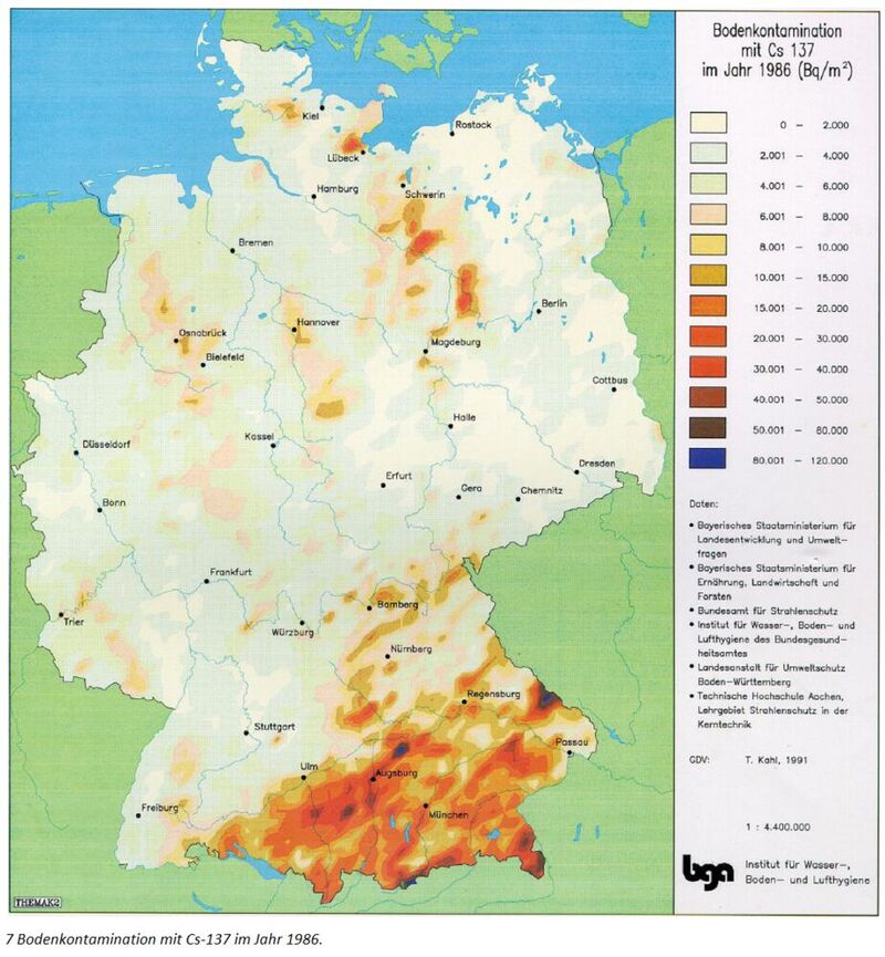 Bodenkontamination mit Cäsium-137 im Jahr 1986 (Becquerel pro Quadratmeter)