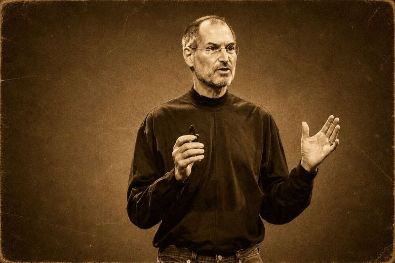 Steve Jobs prägte Apple über Jahrzehnte hinweg – zunächst als Mitgründer, später als zurückgekehrter CEO und treibende Kraft hinter Produkten wie iMac, iPod und iPhone. Das Bild zeigt Jobs in seiner typischen Präsentationsrolle im charakteristischen schwarzen Rollkragenpullover. (Bild: Dall-E / KI-generiert)