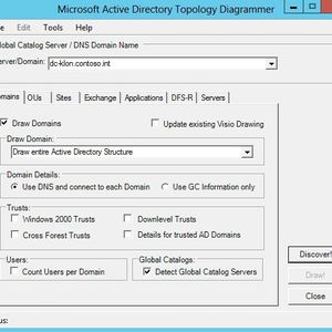 Abbildung 1: Nach dem Start des Tools muss im Feld Server/Domain ein Domänencontroller angegeben werden, mit dem sich der Diagrammer verbinden kann. Über LDAP liest das Tool die Daten aus, sobald auf „Discover!“ geklickt wird. Zuvor können Administratoren noch Einstellungen vornehmen, müssen dies aber nicht.