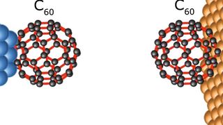 Schematische Darstellung des Kontakts aus zwei C60-Molekülen (Ausschnitt) (TU Ilmenau)