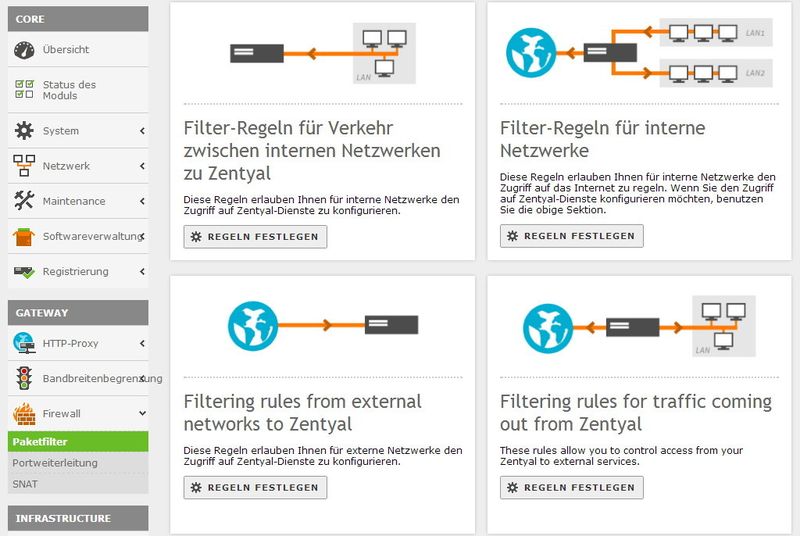 Abbildung 7: Über den Bereich Gateway\Firewall können Unternehmen Zentyal auch als Firewall und Proxy-Server einsetzen. Auch hier erfolgt die Einrichtung über eine Weboberfläche. (Bild: Joos)