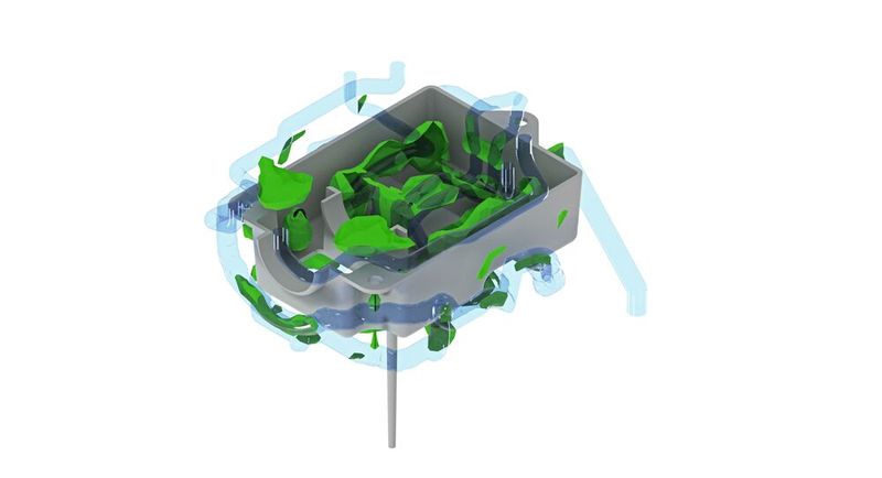 Position of the derived cooling channels (blue, transparent) relative to the iso-surfaces of the optimised heat balance (green) around the cavity.(Source:  IKV)