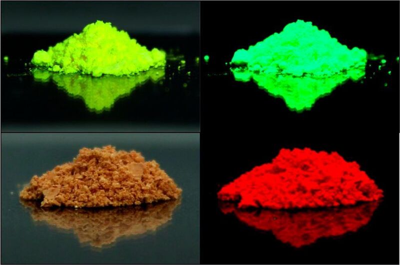 Einkristalle aus Bleihalogenid-Perowskiten eigenen sich nicht nur zur Messung von Radioaktivität, sondern auch, um brillante Leuchtfarben herzustellen (im Bild Pigmente aus Bleihalogeniden). (Empa)