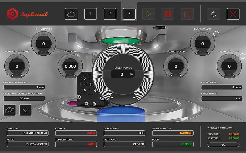Das User Interface des ORL CREATOR hybrid, der 3D-Metall-Druck und Fräsbearbeitung kombiniert und an die Cloud Manufacturing Lösung von OR LASER angebunden werden kann.  (Bild: OR LASER)
