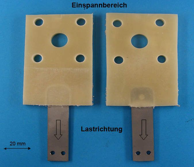 Verwendete Auszugproben: Die zu Validierungszwecken verwendeten Auszugproben aus langfaserverstärktem Polypropylen PPGF30 und Karosserieblech HC420LA. Links die Auszugsprobe ohne Formschluss, rechts diejenige mit Formschluss über der Bohrung im Stahleinleger. Bilder: Fraunhofer (Archiv: Vogel Business Media)