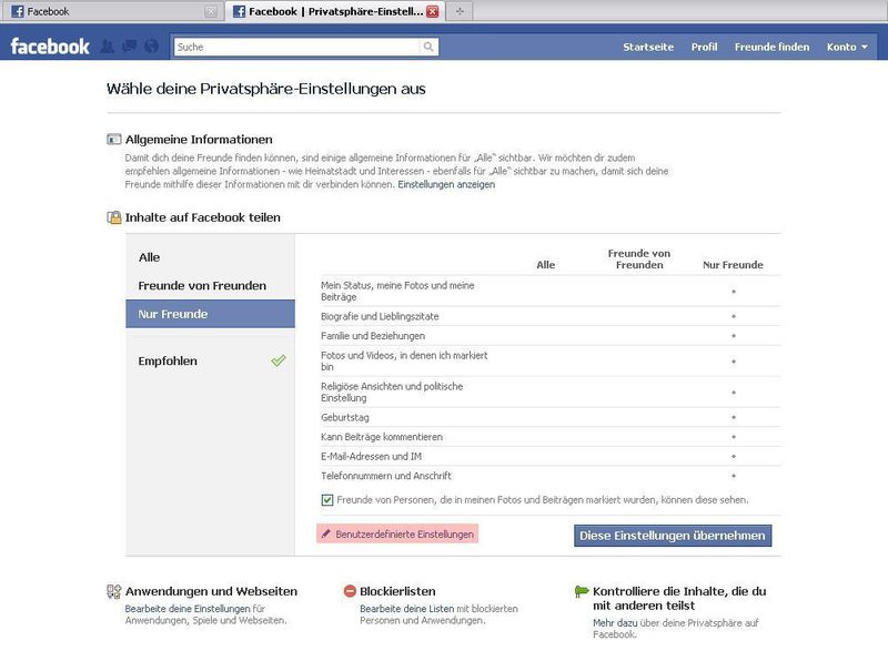 Mehr Sicherheit, aber damit auch deutlich weniger Vernetzungsmöglichkeiten, bieten die Optionen „Nur Freunde“ und „Freunde von Freunden“. Am besten ist es, die Privatsphäre über „Benutzerdefinierte Einstellungen“ selbst zu regeln. (Archiv: Vogel Business Media)