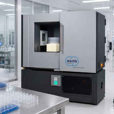 Medición por tomografía computarizada (TC) en el entorno de producción: el Tomo Scope XS Plus inspecciona puntas de pipeta con un cambiador de piezas integrado directamente en el entorno de producción. (Bild: Werth Messtechnik)