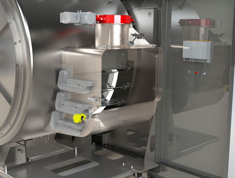 Flaps that open automatically and continuously control the air flow and path and thus enable precise coating as well as drying processes according to the respective batch size.