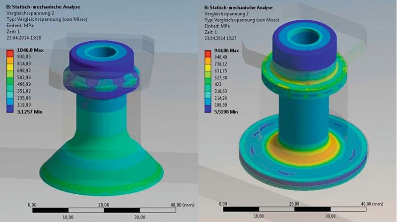 FEM-Methoden halfen bei der zügigen Entwicklung einsatzfähiger Gewindeinserts. Konische und kreisringförmige Kontaktflächen brachten die besten Ergebnisse. (Bild: TU Ilmenau)