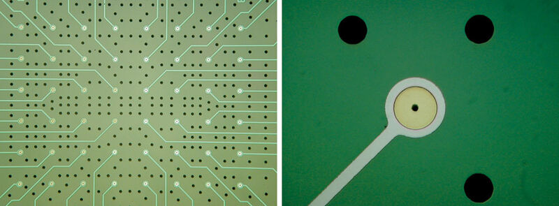 Abb.2: Multielektrodenarray (links) und Detail einer Elektrode und der
Öffnungen zum Ansaugen der Präparate. Der Durchmesser der
kleinsten Öffnung innerhalb der Mikroelektrode beträgt 5 µm
(rechts) (Foto: NMI Reutlingen). (Archiv: Vogel Business Media)