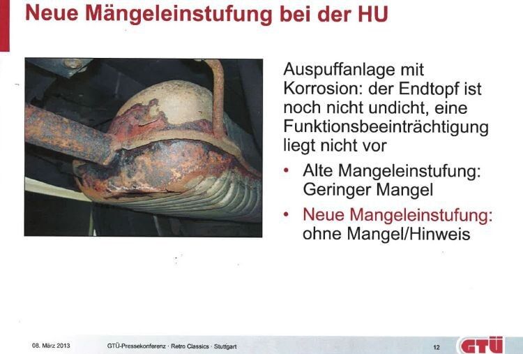 Beispiel für die neue, seit 1. Juli 2012 gültige einheitliche Einstufung der HU-Mängel –  „Einheitlicher Mängelbaum im Rahmen der 47. Änderungsverordnung der StVZO“. (Foto: GTÜ)