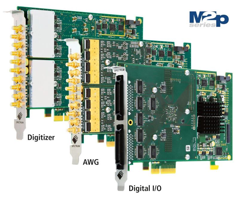 Die M2p-Familie besteht jetzt aus 24 Digitizermodellen, 14 AWG-Varianten und der neuen Digital I/O-Karte. 16 beliebige Karten können per Star Hub-Option in einem PC synchronisiert werden.
