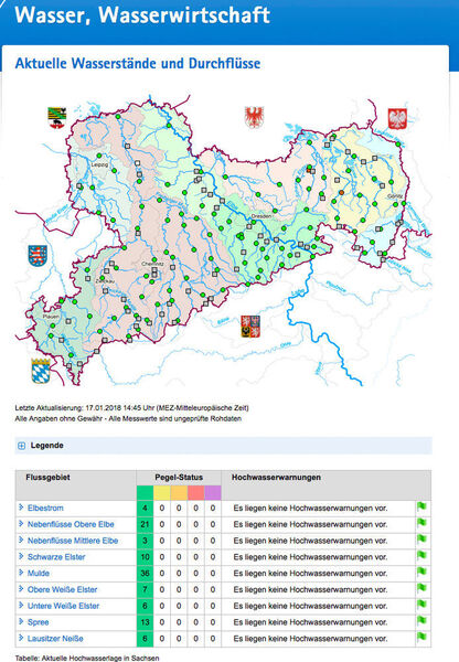 Alle fünf bis 15 Minuten wird das Portal mit aktuellen Daten der über 470 Messstationen aus ganz Sachsen gespeist. (Sächsisches Landesamt für Umwelt, Landwirtschaft und Geologie)
