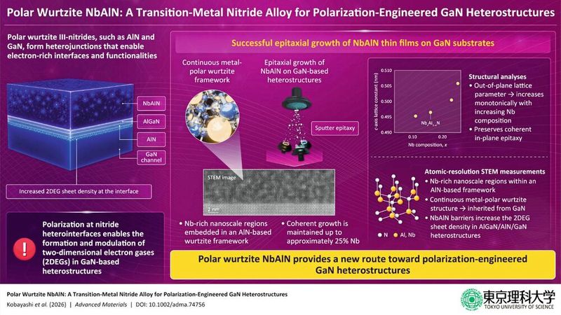 NbAlN erweitert die Familie der polaren Nitrid-Halbleiter, die mit GaN kompatibel sind, und bietet eine neue Möglichkeit zur polarisationsbasierten Steuerung der Elektronendichte an der Grenzfläche. (Bild: Associate Professor Atsushi Kobayashi from Tokyo University of Science, Japan)