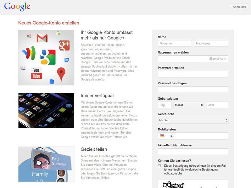 Die Anmeldemaske bei Google+: Die Plattform unterscheidet sich von anderen Netzwerken durch einige neue Features und verbesserte Handhabung gegenüber anderen sozialen Netzwerken. So sind beispielsweise Klarnamen bei Google+ Pflicht. Dies kann u.a. zu einer Verzögerung bei der Account-Erstellung führen, da Neuanmeldungen teilweise 48 Stunden lang überprüft werden. (Screenshot: Google)