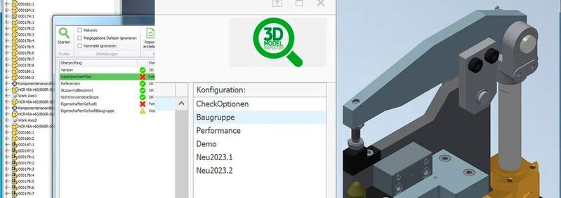Der 3D Model Inspector prüft automatisiert Bauteile, Baugruppen und Zeichnungen anhand von Konstruktionsstandards.(Bild:  Contelos)