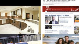 Die im Experiment verwendeten Testbilder: Nonius-Testmuster, Text, Website, Familienfoto, Videospiel, Küchenfoto (von oben links im Uhrzeigersinn) (Sharp)