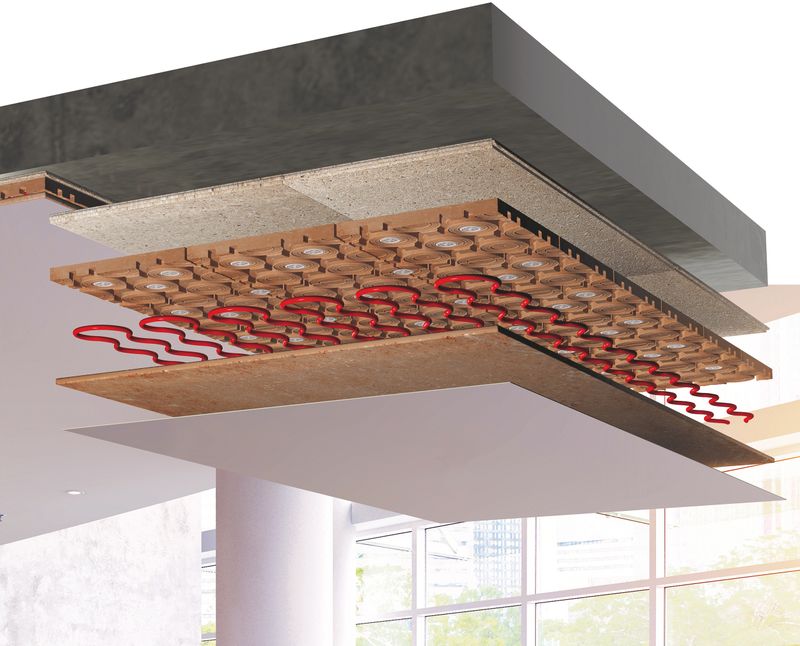 Aufbau der Natur-Klimadecke aus OSB/ESB-Spanplatten oder zementgebundenen Spanplatten, HUMID-Modulen (Rillenplatte), Rohrleitungen und Oberflächenbeschichtung (Bild:  Argillatherm)