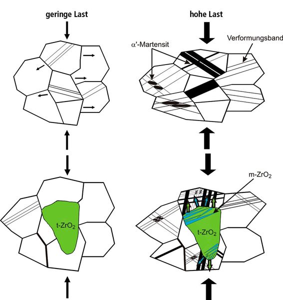 Bild 2: Der Verstärkungseffekt von ZO2 (5 Vol.-% Mg-PSZ) im Verbundwerkstoff basiert auf der plastischen Deformation des TRIP-Stahls (a) oder dem Wechselspiel der Verzerrungen und Spannungen zwischen Stahlmatrix und ZrO2 (b) [2]. (Bild: TU Freiberg [2])