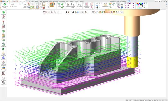 (Schruppen Spiral/Parallel und Schruppen Tasche unterstützt jetzt die automatische Auswahl von Mehrfach-Werkzeugen mit unterschiedlichen Längen für die optimale Schnittfolge. Diese Funktion sorgt für eine optimierte Werkzeugauswahl, weniger Werkzeugvibrationen und höhere Schnittgeschwindigkeiten. (Bild: Cimatron))