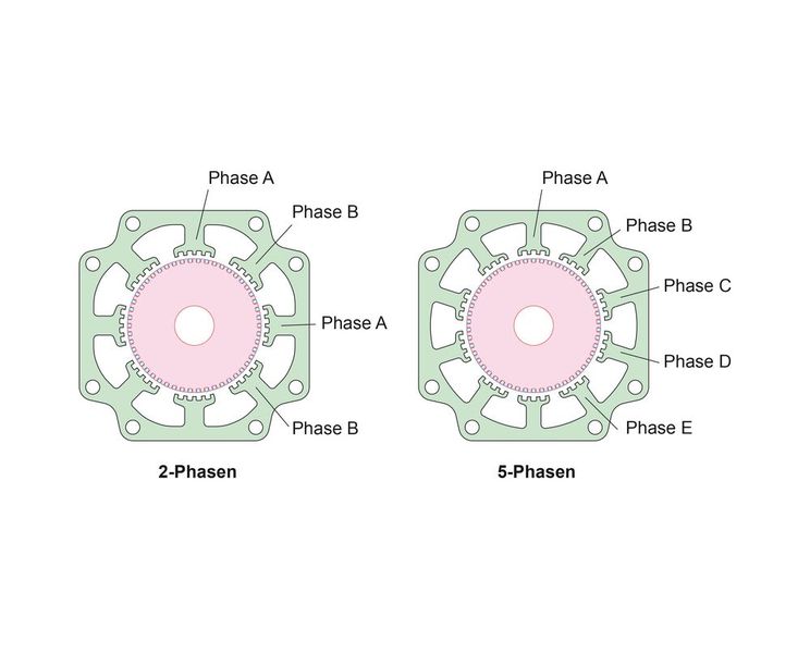 Die größere Magnetpolanzahl beim 5-Phasen-Schrittmotor sorgt für einen kleineren Schrittwinkel von 0,72°, gegenüber 1,8° beim 2-Phasen-Schrittmotor.  (Bild: Oriental Motor (Europa) GmbH)
