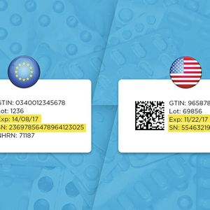 The differences between visually readable data elements on pharmaceutical packaging for the US market and the EU market: serial number and date format.