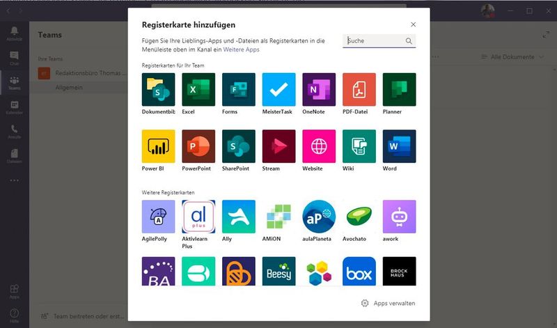 Über das Plus-Zeichen lassen sich in Teams neue Funktionen integrieren. (Bild: Joos / Microsoft)