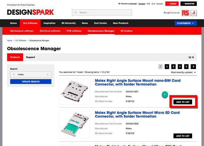 Designspark Obsolescence Manager: Hinzufügen eines Produktes (RS Components)