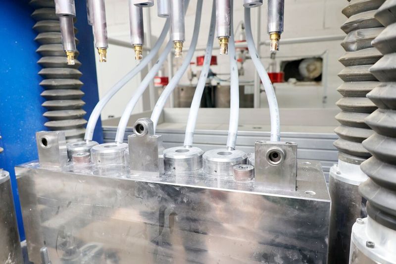 Die Presse ermöglicht in dieser Konfiguration, sechs Grünlinge auf einmal zu fertigen. Das Keramikpulver wird automatisch über Rohre zugeführt. Von Hydraulikzylindern angetriebene Auswerfer werfen die fertigen Grünlinge nach oben aus, wo sie ein Robotersystem entnimmt.  (Bild:  Maschinenmarkt/rw)