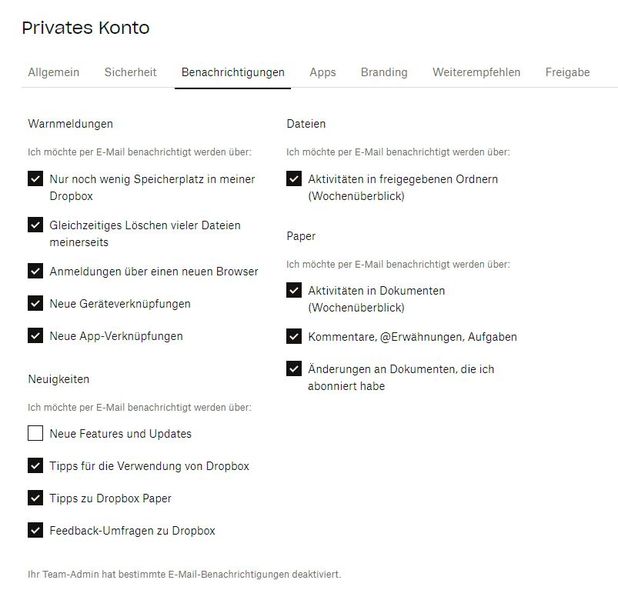 Anpassen der Benachrichtigungen, die Dropbox per E-Mail versendet.  (Bild: Joos – Dropbox)