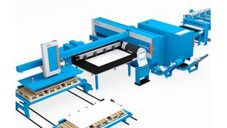 Anlagenkonzept einer Stanz-Scher-Maschine von Prima Power. Wie der Hersteller betont, erreiche sie beim Nibbeln eine bisher nicht machbare Hubgeschwindigkeit von 3.100 Hüben pro Minute. (Bild: Prima Power)