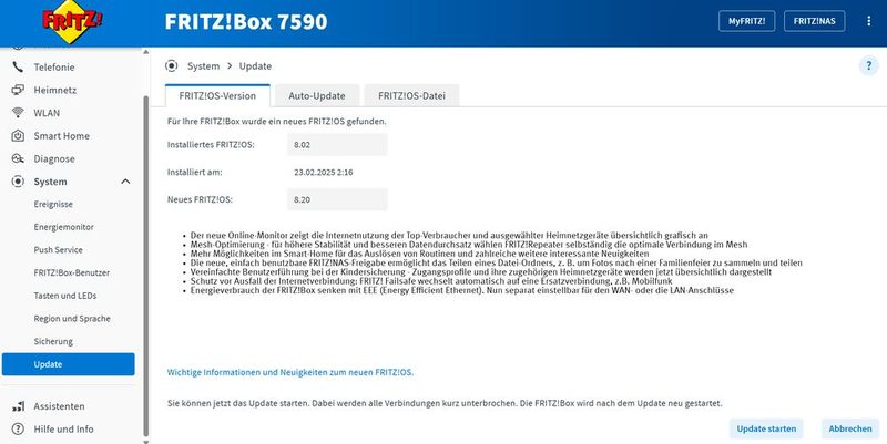 Nach der Aktualisierung zu FRITZ!OS 8.20 stehen verschiedene, neue Funktionen zur Verfügung, auch die Hochverfügbarkeit für Internetverbindungen. (Bild: Joos | Fritzbox)