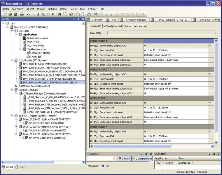 PLC Designer 3, basierend auf CoDeSys 3, mit diversen spezifischen Anpassungen, wie speziellen Parametrierdialogen für das L-force I/O-System 1000 (Archiv: Vogel Business Media)