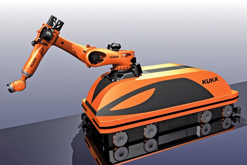 Bild 1: Das Konzeptfahrzeug ermöglicht den mobilen Robotereinsatz, zum Beispiel an besonders großen Bauteilen. (Bild: Kuka)
